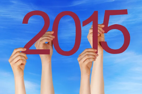 Many People Hands Holding Red Straight Word 2015 Blue Sky — Stock Photo, Image