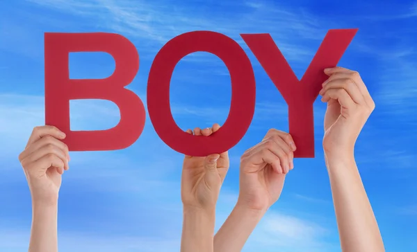 Viele Menschen Hände halten rote gerade Wort Junge blauer Himmel — Stockfoto