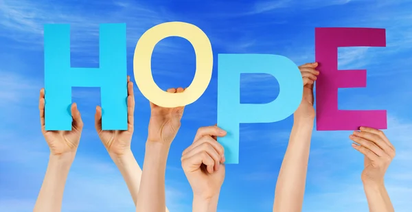 Many People Hands Holding Colorful Word Hope Blue Sky — Stock Photo, Image