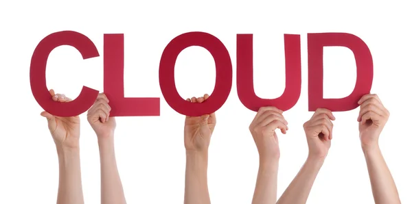 Många människor händer som håller röda raka Word Cloud — Stockfoto