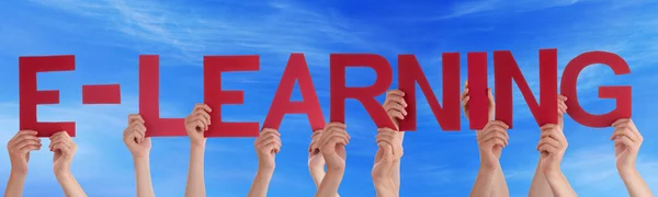 Many People Hands Holding Red Straight Word Elearning Blue Sky — Stock Photo, Image