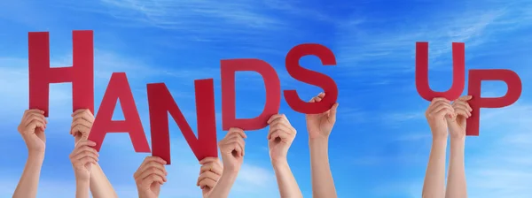 People Hands Holding Red Word Hands Up Blue Sky — Stock Photo, Image