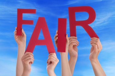 Many People Hands Holding Red Word Fair Blue Sky clipart