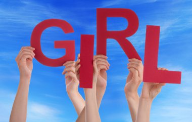 Birçok kişi kırmızı Word kız mavi Holding eller gökyüzü