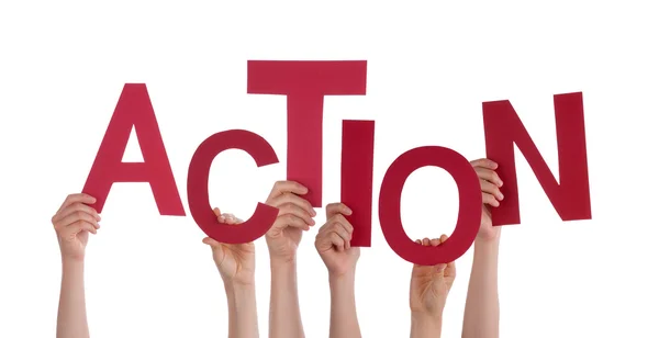 Many People Hands Holding Red Word Action — Stock Photo, Image