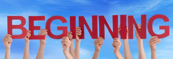 Many People Hands Holding Red Straight Word Beginning Blue Sky — Stock Photo, Image