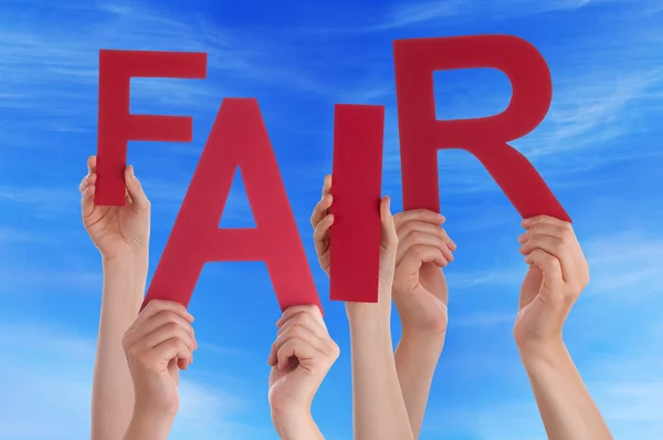 Many People Hands Holding Red Word Fair Blue Sky — Stock Photo, Image