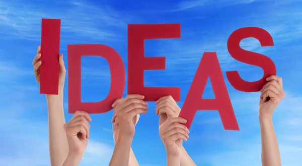 Many People Hands Holding Red Word Ideas Blue Sky — Stock Photo, Image