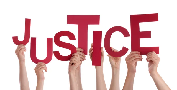 Många människor händer som håller röda ordet rättvisa — Stockfoto
