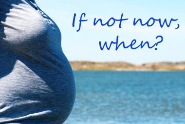 Pregnant Woman Infront Blue Sea With Text Not Now When clipart