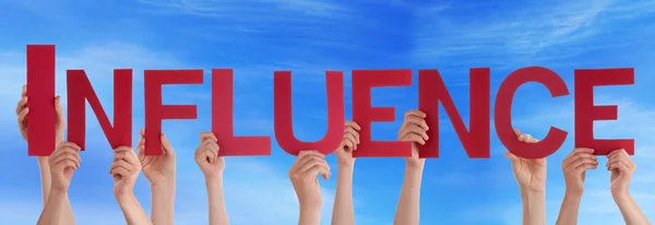 Many People Hands Holding Red Straight Word Influence Blue Sky — Stock Photo, Image