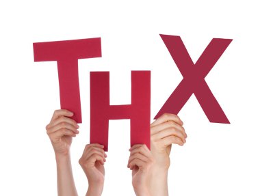 Pek çok kırmızı Word Thx tutan elleriyle 