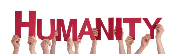 Many People Hands Holding Red Straight Word Humanity — Stock Photo, Image