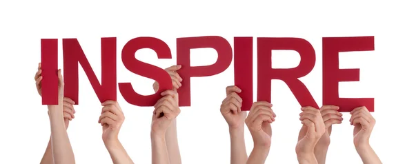 Many People Hands Holding Red Straight Word Inspire — Stock Photo, Image