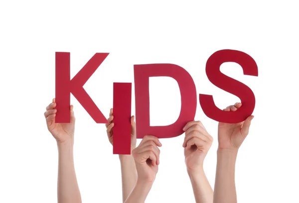 Many People Hands Holding Red Word Kids — Stock Photo, Image