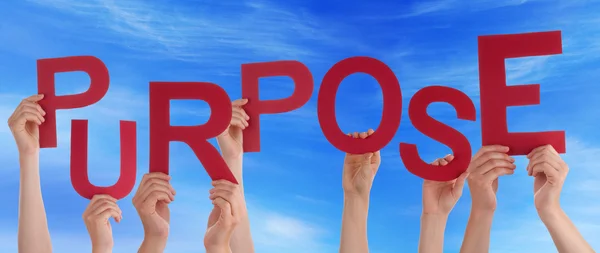 Many People Hands Holding Red Word Purpose Blue Sky — Stock Photo, Image