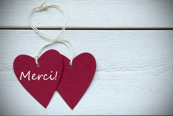 Two Hearts Label French Text Merci Means Thank You — Stock Photo, Image