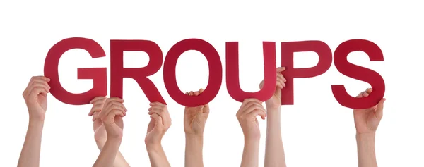 Muchas personas sostienen grupos de palabras rectas rojas con las manos — Foto de Stock