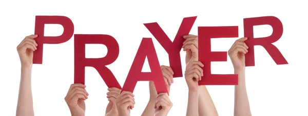 Many People Hands Holding Red Word Prayer — Stock Photo, Image