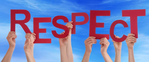 Many People Hands Holding Red Word Respect Blue Sky — Stock Photo, Image