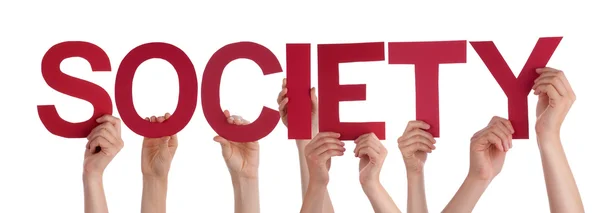 Many People Hands Holding Red Straight Word Society — Stock Photo, Image