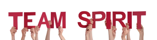Le persone tengono le mani rosse Straight Word Team Spirit — Foto Stock