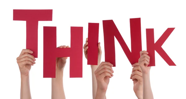 Many People Hands Holding Red Word Think — Stock Photo, Image