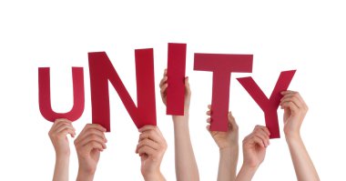Many People Hands Holding Red Word Unity  clipart