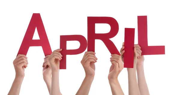 Many People Hands Holding Red Word April — Stock Photo, Image