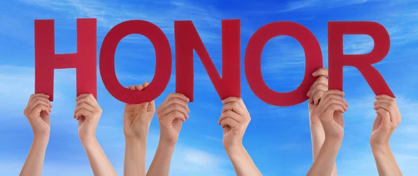 Many People Hands Holding Red Straight Word Honor Blue Sky — Stock Photo, Image