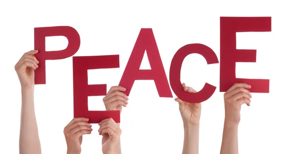 Many People Hands Holding Red Word Peace — Stock Photo, Image