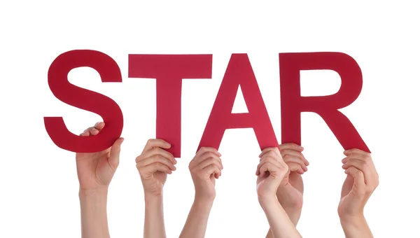 Many People Hands Holding Red Straight Word Star — Stock Photo, Image