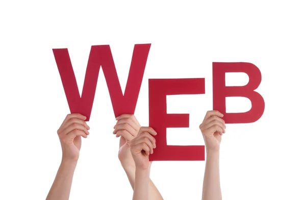 Wielu ludzi ręce trzymając czerwony Word Web — Zdjęcie stockowe