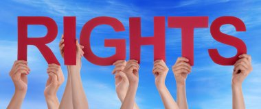 Many People Hands Holding Red Straight Word Rights Blue Sky clipart