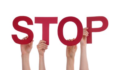 Many People Hands Holding Red Straight Word Stop clipart