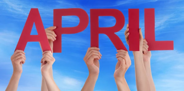 Many People Hands Holding Red Straight Word April Blue Sky — Stock Photo, Image