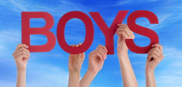 Many People Hands Holding Red Straight Word Boys Blue Sky — Stock Photo, Image