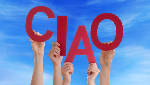 People Holding Italian Word Ciao Means Goodbye Blue Sky — Stock Photo, Image