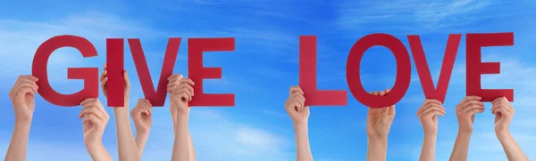 People Hands Holding Red Straight Word Give Love Blue Sky — Stock Photo, Image