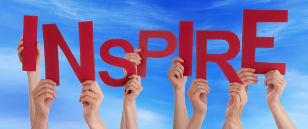 Many People Hands Holding Red Word Inspire Blue Sky — Stock Photo, Image