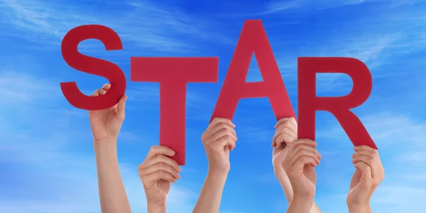 Many People Hands Holding Red Word Star Blue Sky — Stock Photo, Image