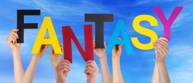 Renkli Word fantezi Holding eller mavi gökyüzü