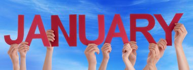 Kırmızı düz Word Ocak Holding eller mavi gökyüzü