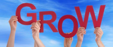 Many People Hands Holding Red Word Grow Blue Sky clipart