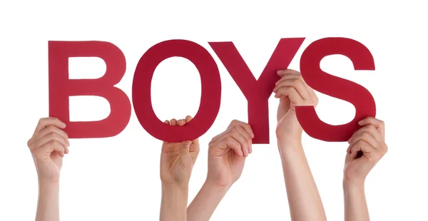Many People Hands Holding Red Straight Word Boys — Stock Photo, Image