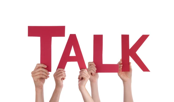 Many People Hands Holding Red Straight Word Talk — Stock Photo, Image