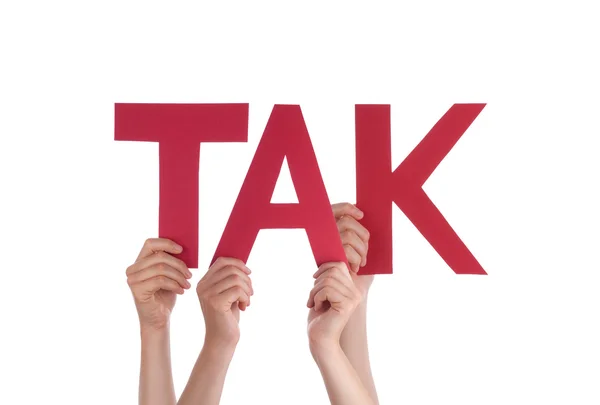 People Hold Straight Danish Word Tak Means Thanks — Stock Photo, Image