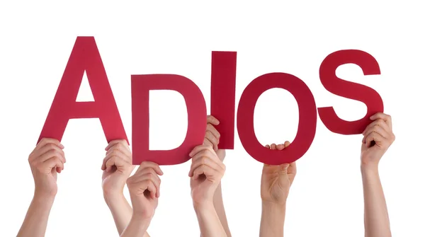 People Holding Spanish Word Adios Means Goodbye — Stock Photo, Image