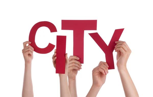 Many People Hands Holding Red Word City — Stock Photo, Image