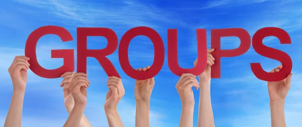 Hands Hold Red Straight Word Groups Blue Sky — Stock Photo, Image